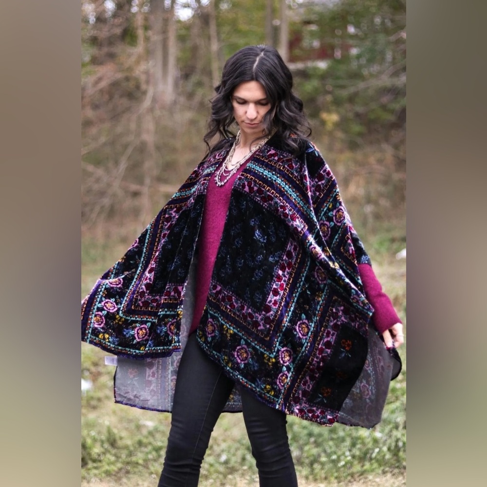 Anthropologie Black and Purple Patterned Poncho